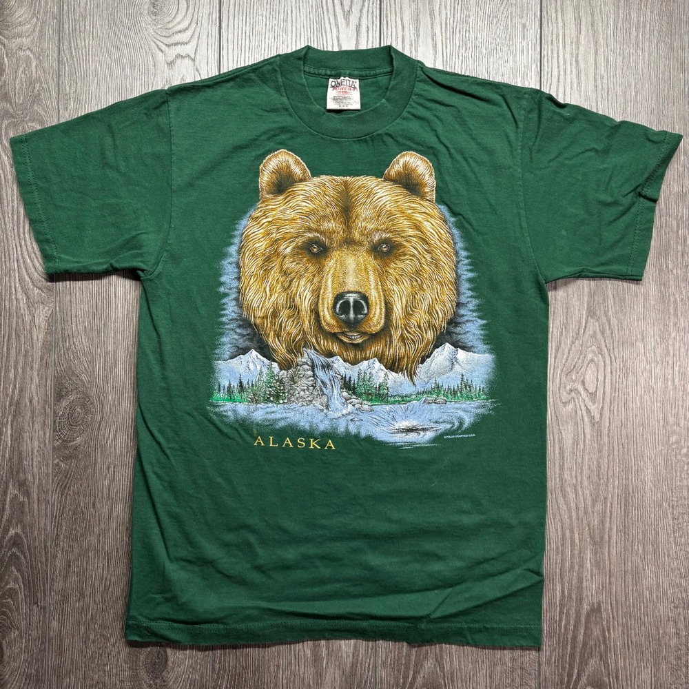 Vintage Alaska Grizzly Bear Graphic Medium T-Shirt Green Mens Oneita